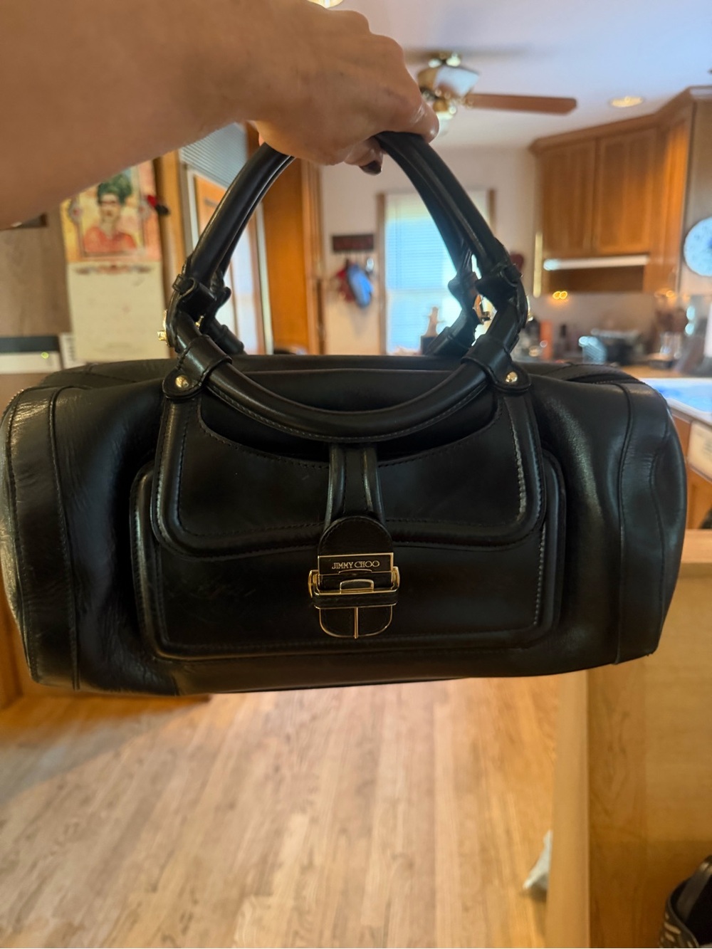 Jimmy Choo Black Leather Top-Handle Satchel with Gold Hardware